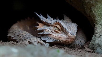 Poster - Close-up shot of a thorny devil lizard with its spiky scales resting near a rock opening in a dark backdrop. The lizard's eyes are visible, showcasing intricate patterns on its skin in neutral tones