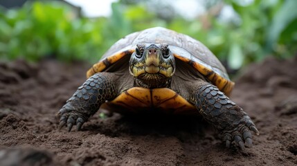 Poster - A close-up shot captures a turtle resting on fertile brown soil, set against a background of lush green vegetation. The turtle's speckled shell and textured skin are highlighted by natural light