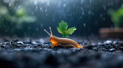 Poster - Close-up of a snail crawling on dark soil under heavy rain, carrying a green leaf on its back. The scene is illuminated with diffused light, creating a dreamy and focused mood