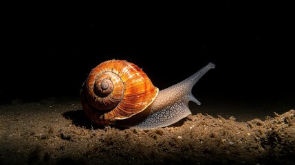 Poster - Close up shot of a snail with an orange shell, resting on sandy soil. The texture is rough and natural, illuminated by a focused light against a dark background. Emphasizing details of the snail's