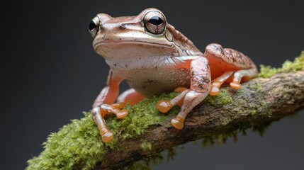 Poster - Macro shot of a brown and tan frog perched on a mossy branch against a dark gray background, showcasing its textured skin and large eyes. The frog's vibrant orange undersides are highlighted