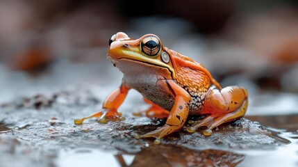 Poster - A vibrant orange frog sits on a rock in a shallow pool of water. The frog's skin is smooth with spots and a slightly blurred background suggests a natural habitat. The lighting is bright and