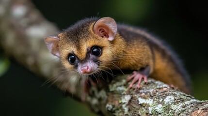 Poster - A close-up captures a brown mouse opossum clinging to a weathered branch, its dark eyes gleaming. The opossum's fur is speckled with white hairs, enhancing the depth of its coat. A blurred background