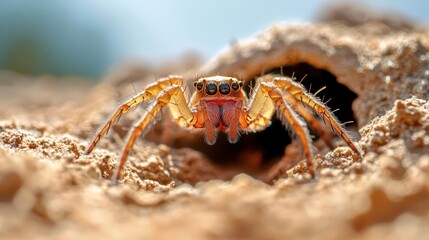 Poster - A striking macro shot showcases a orange jumping spider emerging from its sandy burrow, its multiple eyes and hairy legs clearly visible against a blurry background, under natural lighting