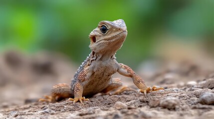 Poster - Close-up shot of a brown lizard with orange spots standing on soil, its head turned upwards. Background blur of greenery and ground. The lizard's skin texture and tiny details are visible