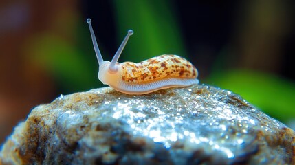 Poster - Close-up shot of a small snail with a patterned shell resting on a sparkling rock. The background is blurred, with green foliage adding a natural touch. The macro view captures the details of the