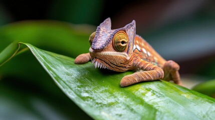Poster - A close-up shot of a chameleon, showcasing its textured skin, unique facial features, and vibrant colors. It's perched on a shiny, green leaf. The soft lighting highlights the reptile's natural