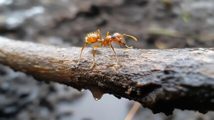 Poster - Detailed close-up captures a golden ant perched on a damp, dark brown branch with water droplets. The background is blurred and muddy, enhancing the focus on the insect's intricate details