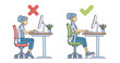 © VectorMine - Workplace posture diagram shows correct and incorrect sitting positions with chairs and desks, transparent background.