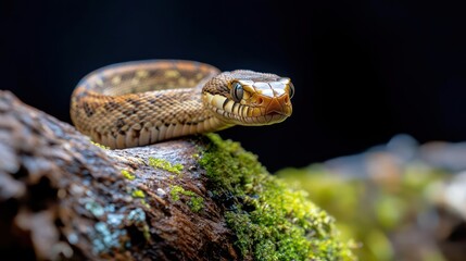Poster - Close up portrait captures a small, coiled snake resting on a mossy branch against a dark backdrop. The snake, detailed in shades of brown and tan, showcases intricate scale patterns and a focused
