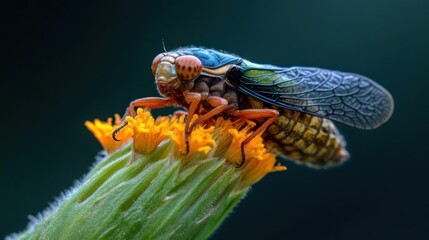 Poster - A close-up shot captures a vibrant, orange-legged cicada perched on a vivid green flower bud topped with tiny orange petals. The cicada displays intricate patterns and textures, with a blurred dark