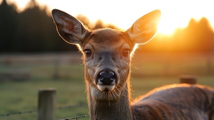 Aufkleber - Close up portrait of a deer looking directly at the camera with a warm golden sunset glow behind it. The deer's fur is detailed with moisture and the background features a green field and blurred