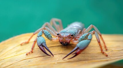 Poster - Detailed macro shot of a wind scorpion, also known as a solifuge, with orange and blue color. The arthropod is positioned on a textured leaf with a bright green background creating a sharp contrast