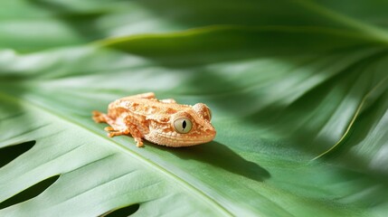 Poster - Close-up shot of a small, textured brown frog with green eyes perched on a large, vibrant green leaf. The leaf fills the background, showcasing its intricate vein patterns and natural beauty
