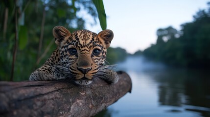 Aufkleber - Close-up shot of a young jaguar with a spotted coat lying on a fallen log near a tranquil river under a blue sky in the background, lush green foliage and the river's gentle flow create a serene