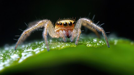 Poster - Close-up shot of a jumping spider with detailed orange head and hairy white legs standing on a bright green leaf. The background is blurred and dark, highlighting the spider's intricate features and