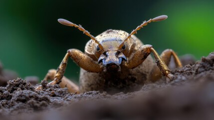 Poster - Close-up shot of a brown beetle with long antennae, perched atop soil, set against a blurred green background. The beetle's legs are visible, creating a detailed insect portrait in its natural