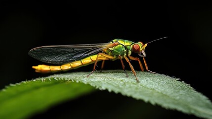 Poster - Macro shot of a vibrant green and yellow insect with intricate wing patterns perched on a green leaf, set against a stark black background. The insect's detailed features are highlighted by the