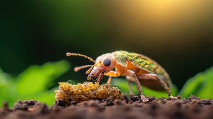 Poster - Macro photograph showcases a vibrant green and yellow weevil feeding on a brown plant matter atop dark soil, set against a blurred green and black backdrop. The insect's intricate texture and the