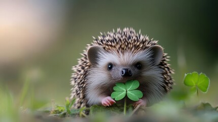Poster - A close-up shot of a hedgehog holding a green clover in its mouth, set against a soft-focus background of lush greenery, with natural light highlighting the details of the animal and plant
