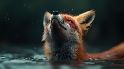 Aufkleber - A close-up of a red fox in the water looking upward with its head tilted back and a dark green bokeh background. The animal's fur is wet with water droplets, and the eyes are half-closed