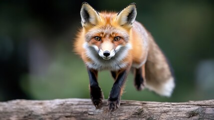 Poster - Close up shot of a red fox with black legs perched on a tree log with a blurry green and brown background. The fox stares intently at the camera, its fur orange and white, under bright daylight