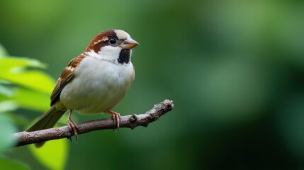 Poster - A detailed close-up shows a brown and white sparrow perched on a small branch, set against a blurred green background, highlighting its speckled feathers and focused gaze in natural light
