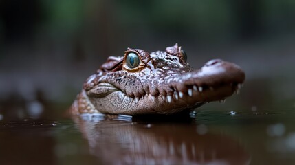 Aufkleber - Close-up shot of a caiman's head emerging from dark water, showcasing its textured brown skin, sharp teeth, and reflective eyes against a blurred green background, capturing its natural habitat and