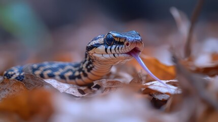 Poster - Close-up shot of a juvenile snake slithering through fallen leaves. The snake features black and yellow patterned scales and a pink tongue that sticks out. The surrounding leaves are brown and dried