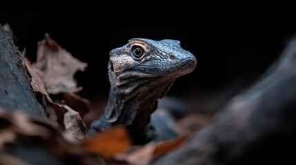 Aufkleber - Close up shot of a lizard peering through dry leaves and a log with a dark blurred background in low light. Detailed scales and head
