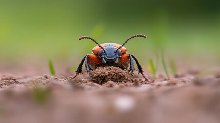 Poster - Close-up of an orange-headed beetle perched atop a small dirt pile with blurred green background. The beetle has a shiny exoskeleton and is captured in sharp focus against the soft, out-of-focus