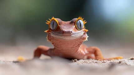Aufkleber - Close up shot of a crested gecko with orange skin and spiky eyelashes sitting on beige sand with a smooth blurred background. The gecko is looking directly at the viewer, creating a direct connection