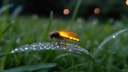 Poster - A macro shot captures a glowing firefly on a dew-covered leaf, set against a blurred green background. The insect's body radiates a bright light, creating a striking contrast with the damp greenery