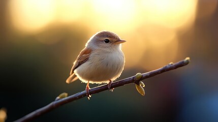 Aufkleber - Close-up shot of a tiny brown wren perched on a slender branch with new buds, backlight by a warm sunset glow. Bird's feathers are detailed, creating a soft and textured appearance. Background is a