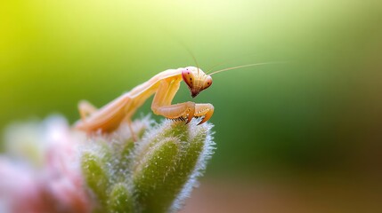 Poster - Macro shot of a cream-colored praying mantis perched on a fuzzy green plant. The image features a shallow depth of field, blurring the background and highlighting the insect's intricate details