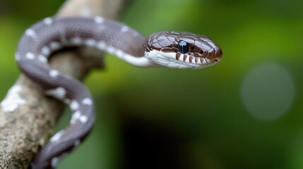 Aufkleber - A close-up shot of a brown snake coiled on a tree branch, set against a blurred green background. The snake features white spots, and its head is prominently displayed with focus on its eye, creating