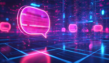 Futuristic communication concept.  A vibrant, glowing speech bubble floats amidst a digital cityscape of binary code