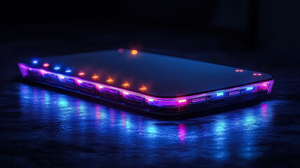Wall Mural - phone with a blue light on it is sitting on a table