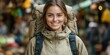 © jiawei - A smiling woman with a backpack is standing in a busy shopping area