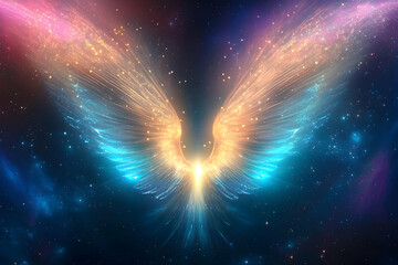 Wall Mural - a stunning digital illustration of angelic wings radiating vibrant colors against a cosmic backgroun