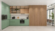 © Food image - Modern Minimalist Kitchen Interior with Green Cabinets and Wood Panel Wall in Natural Light