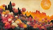 © Ali - Colorful landscape painting with flowers trees and a sun or moon.