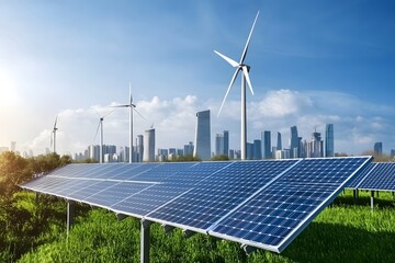 futuristic cityscape with solar panels high resolution photo
