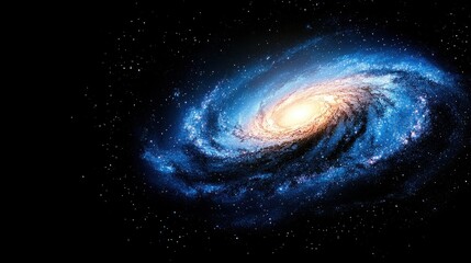 a vibrant spiral galaxy surrounded by stars, with a bright core emitting light against a dark cosmic