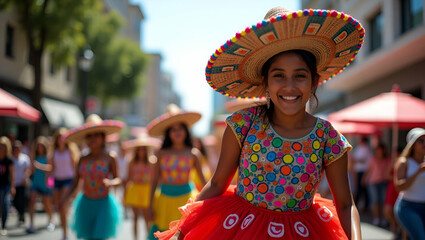 Showcase refined 5 de Mayo parade imagery with innovative floats lively community spirit vibrant festive displays for corporate promotional use in  Photo Stock  Concept  and empty space on the left si