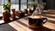© DG - Aromatic Coffee Cup with Steam and Latte Art in Cozy Cafe Setting