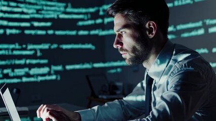 Aufkleber - Professional programmer coding intensely at night, focusing on laptop with programming code projected onto background wall, highlighting technological innovation and concentration