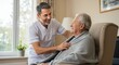 © El_design - Warm interaction between caregiver and elderly man in cozy home setting