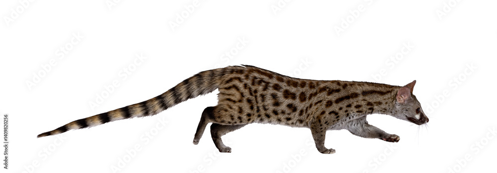 Side view of Arabian small spotted genet aka Genetta genetta, running ...