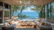 © Ali - Luxurious living room with sea view pool and trees visible through large windows.